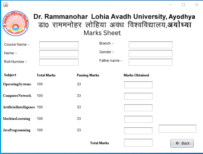 Mark sheet page